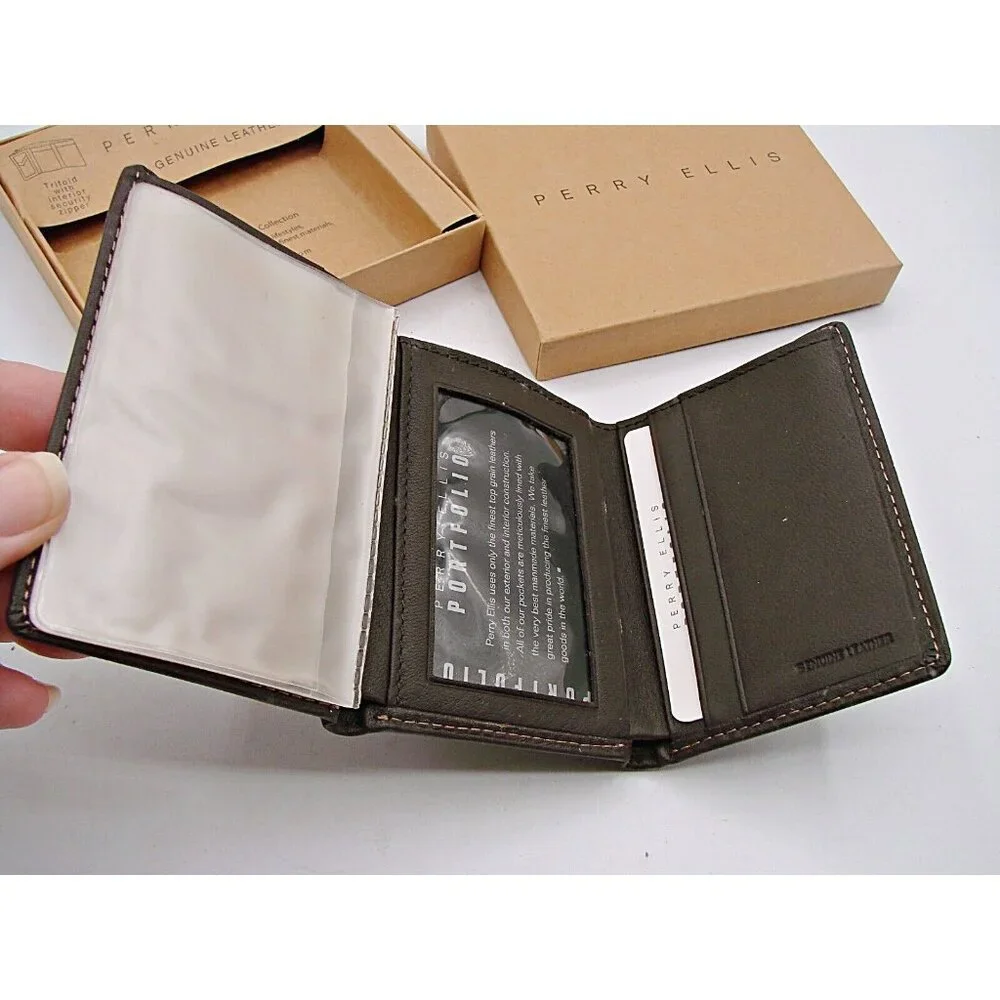 NEW Perry Ellis Brown Leather Billfold Wallet Interior Security Zipper Trifold